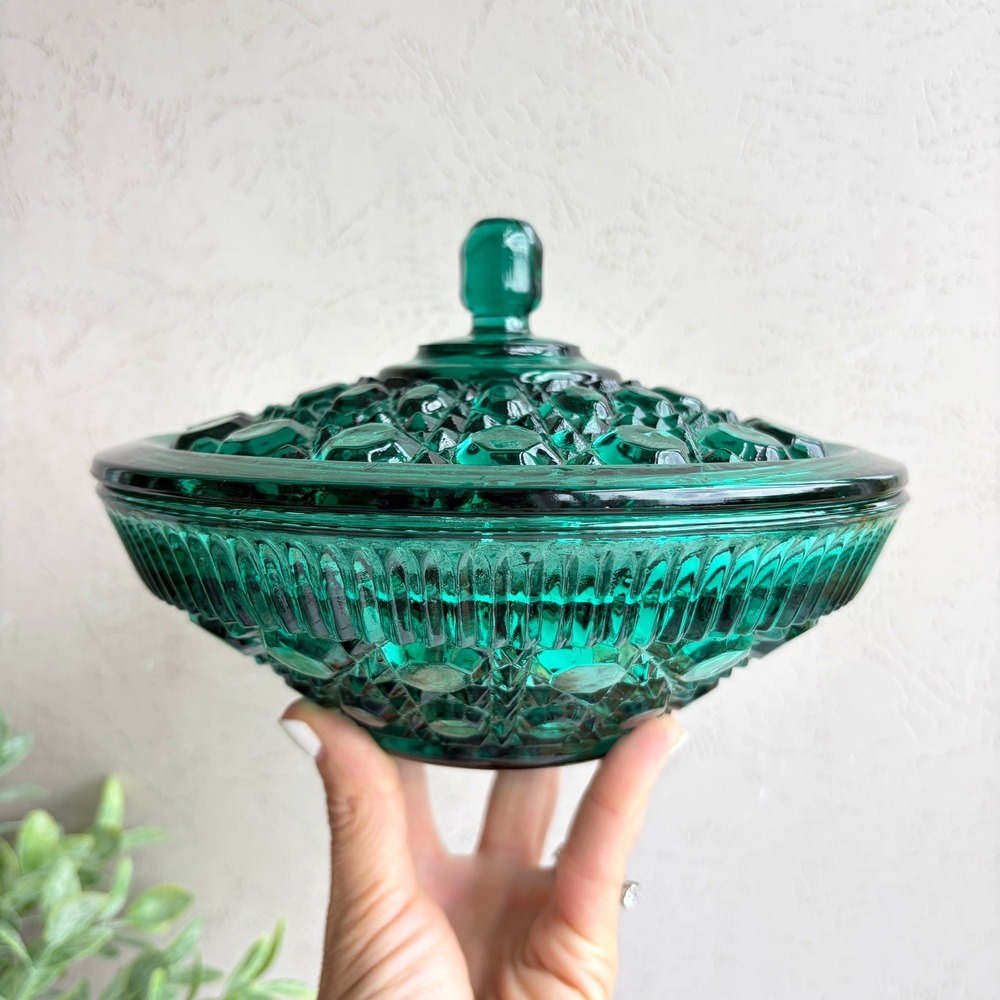 Indiana Glass Windsor Button and Cane Emerald Green Candy Dish with Lid